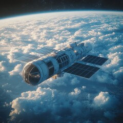 Fototapeta premium Futuristic Space Station with Hydrogen Tanks and Solar Panels in Orbit