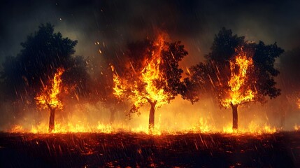  a scene of a forest fire. There are three trees prominently visible, each engulfed in bright, intense flames. The fire is spreading across the ground, and the sky above is dark and filled with smoke,