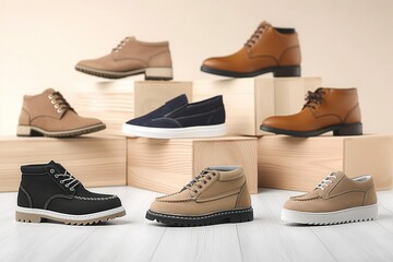 Multiple male shoes on background. Casual, elegant, sportive footwear designs in various styles. Leather, wooden shoes in different colors, patterns. Comfortable, stylish shoes for casual attire.