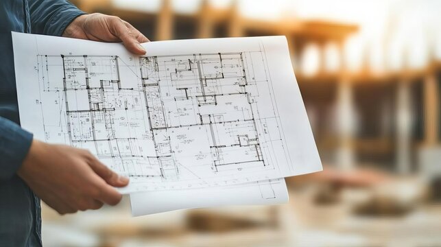 Structural Engineer Hands holding architectural blueprints, construction site background, flat design illustration