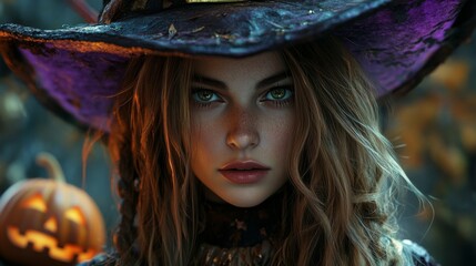 Fototapeta premium Enchanting Witch in Autumn Setting with Pumpkins and Magical Atmosphere