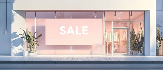 Vibrant storefront showcasing a sale with stylish displays and greenery, inviting customers to explore trendy fashion.