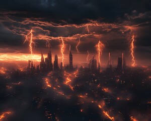 A dramatic cityscape engulfed in thunderous storms and fiery destruction, showcasing nature's power and urban vulnerability.