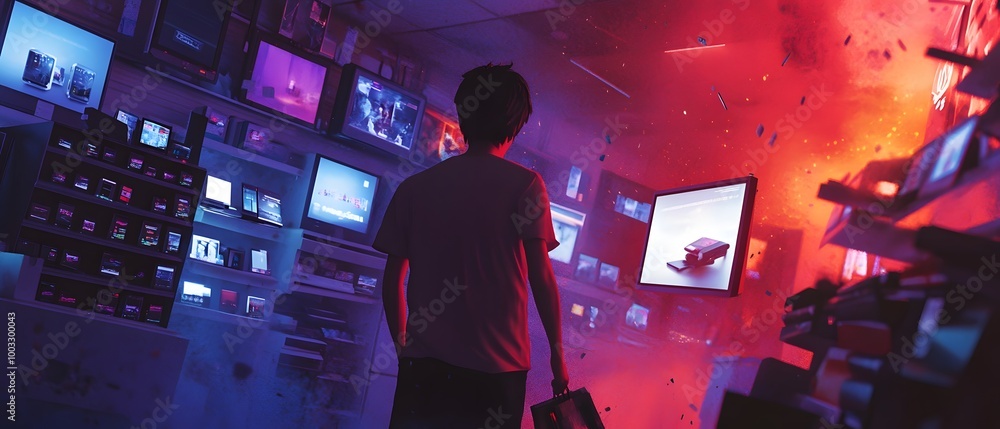 Aufkleber a person gazes into a neon-lit electronics store, captivated by colorful screens displaying vibrant 