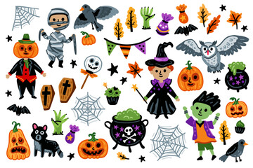 Set of Halloween characters, Children in funny and scary witch costumes. Collection. For children room designs. Pumpkin, bat, zombie, owl, garland flag, ghost, cat