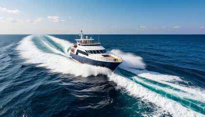 Naklejka premium The Ship Leaves a Wake at Sea with Waves Splashing Behind