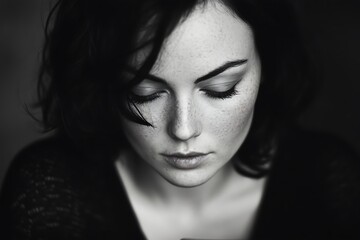 Fototapeta premium Black and White Portrait of Woman with Closed Eyes