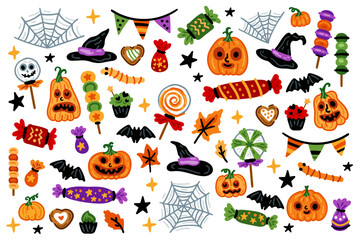 Naklejka premium Set of Halloween characters pumpkin and sweets with trick or treat candies. Many types spooky dessert.