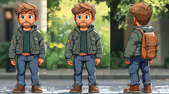 Cartoon Man Character Sprite Sheet, Front, Side, Back View
