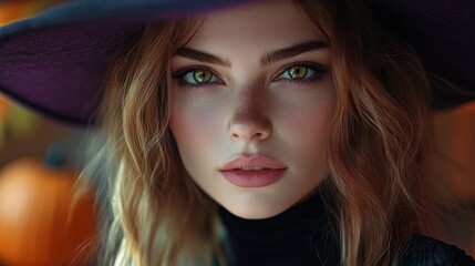 Fototapeta premium Enchanting Witch in Autumn Setting with Pumpkins and Magical Atmosphere