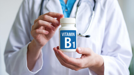 A doctor holding a bottle of vitamin B1. The bottle is blue and white. The doctor is wearing a white lab coat