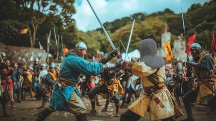 Fototapeta premium Knights clashing swords in medieval battle, castle backdrop, historical moment. Ai generated