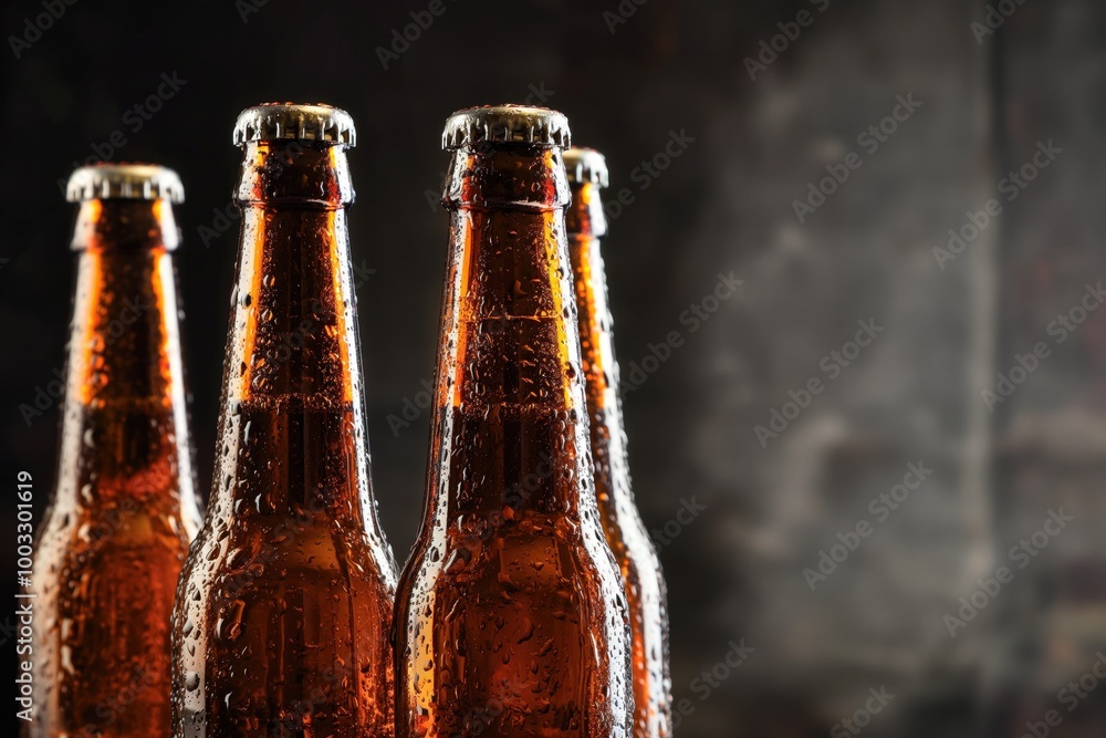 Aufkleber glass bottles of beer on dark background. amber liquid fills clear glass containers. beers are stack