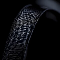  a close-up of a textured, dark-colored strap or band. The material appears to be woven, with a grid-like pattern visible on its surface. The lighting is low, creating a dramatic effect with highlight