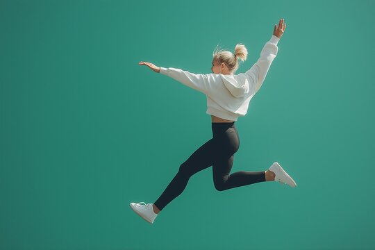 Modern athletic woman in white hoodie and black leggings leaping, isolated on green background, fitness concept