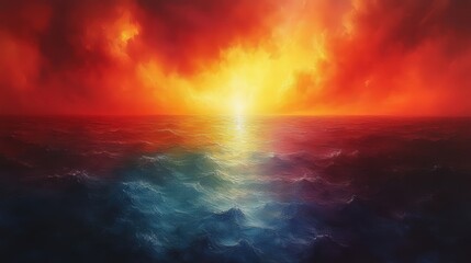 Obraz premium Fiery Sunset Over Ocean With Dramatic Skies In Oil Painting