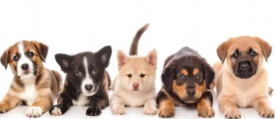 Fototapeta premium Close-up collage of cute adult pets. Isolated on white background. Adorable dogs, cats, mammals with bright, big eyes, playful noses. Happy animals with beautiful, cheerful, funny expressions.