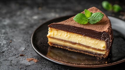 Slice of layered chocolate and vanilla cheesecake with mint garnish on plate
