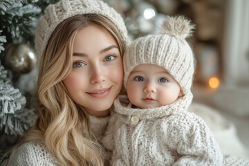 Obraz premium Beautiful young mother and her adorable little daughter in knitted hats are sitting on the floor near the Christmas tree.