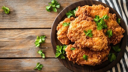Golden brown, crispy fried chicken garnished with fresh parsley on wooden table