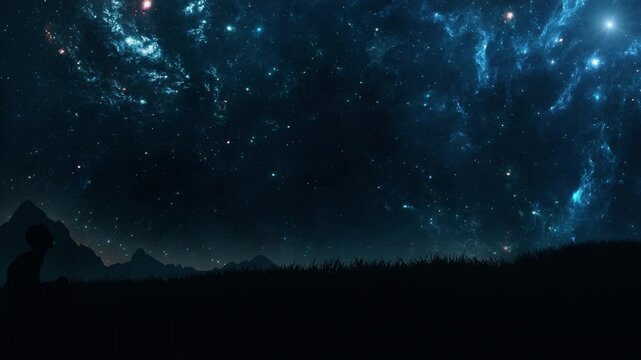 Grass Landscape by Night under a Misty Sky with Stars - Abstract Nature Loop Background V2