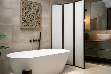 Contemporary bathroom interior with modern folding screen and bathtub. Stylish decor, clean design, comfort elements, luxury material, green houseplant in corner. Modern furniture and tray on floor.