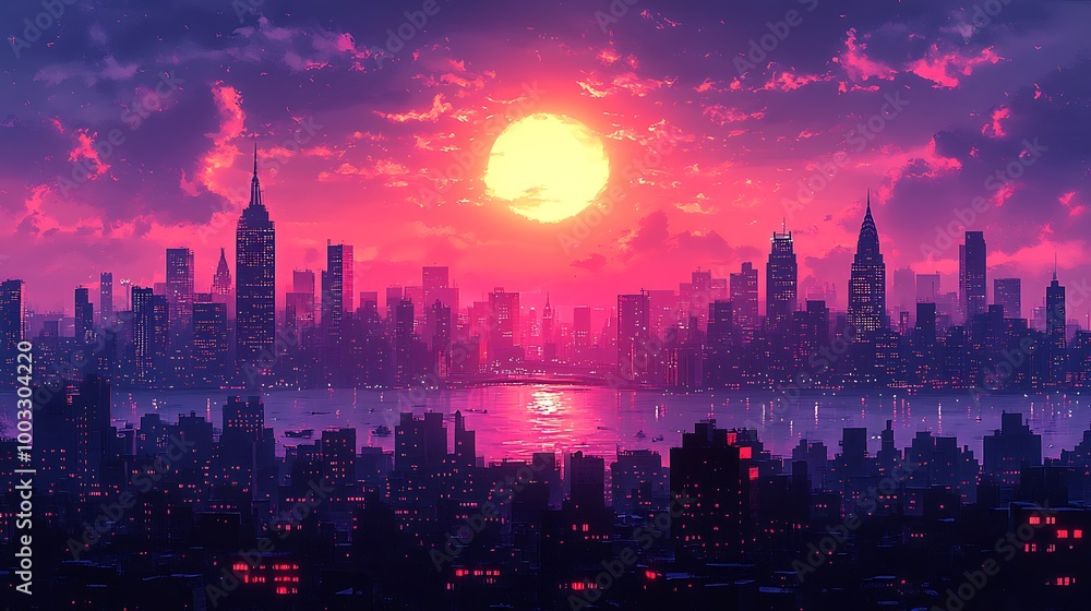 Sticker Sunset over a futuristic city skyline with pink and purple clouds