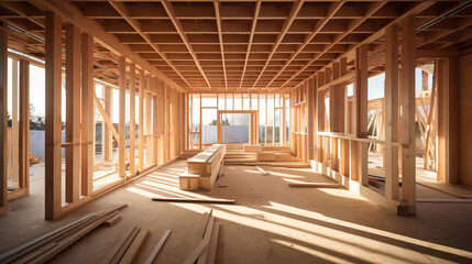 Fototapeta premium Construction of wooden building. Construction of house from boards. Construction of building from timber. Unfinished timber house