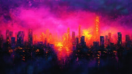 Fototapeta premium Vibrant Neon Cityscape At Sunset In Abstract Style