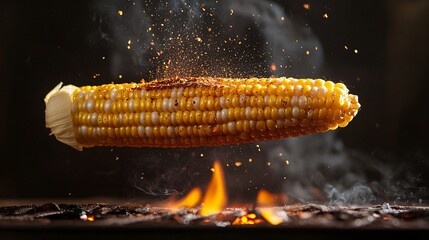 A close-up of a roasted corn on the cob floating above a fire.