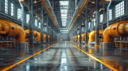 Industrial fuel plant interior. Factory for production of chemical fertilizers. Large industrial building with yellow pipes. Corridor between equipment inside plant