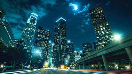 Night city streets with skyscrapers. Modern metropolis with high-rise buildings and interchange. Night downtown with effect of speed on road. Big city on summer evening