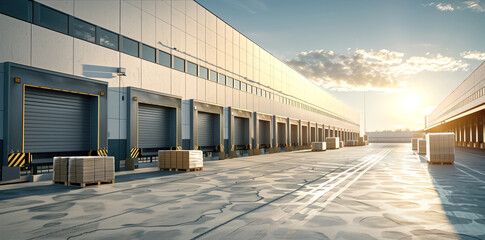 Distribution center building with truck gates. View from street to warehouse hangar with space for cargo transport. Territory of logistics warehouse in sunny weather