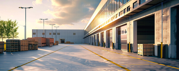 Unloading area for cars in large warehouse. Gate for unloading cargo transport in logistics center under sunny sky. Distribution warehouse area with wooden containers on pallets