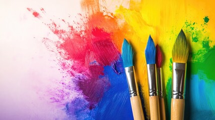 Paintbrushes with vibrant paint colors on white paper, creative art