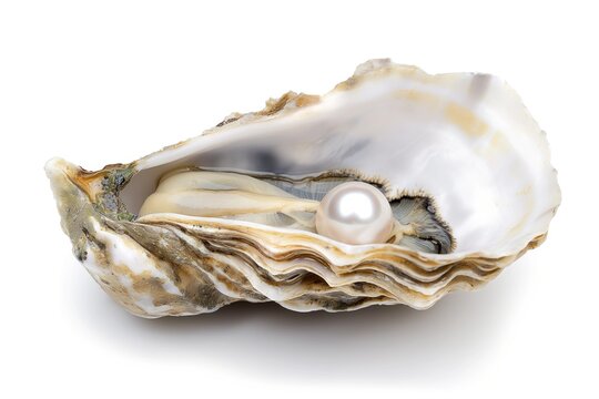 Close-up of open oyster shell with pearl inside on white background. Bivalve mollusk reveals shiny white mother-of-pearl gem inside. Beautiful, elegant, and expensive object of luxury and beauty.