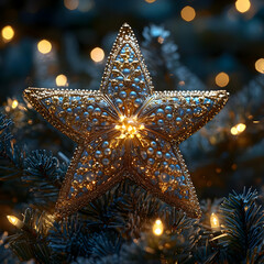 Golden Star Christmas Ornament on Tree with Lights - Illustration