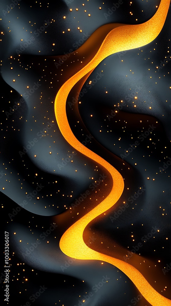 Poster Abstract glowing golden river in dark space with stars