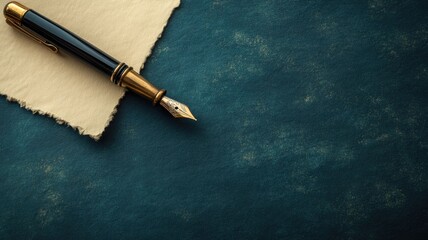 Vintage fountain pen rests on torn paper against textured surface