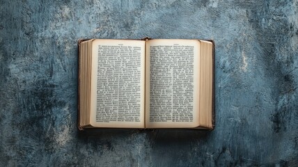 Obraz premium Open aged book with text on rustic blue surface