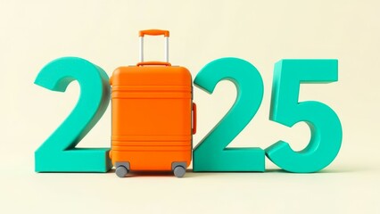 large bold teal number 2025 with orange suitcase instead of number 0 against light background. advertising travel discounts or sales, new year 2025, luggage company or travel agency, tourism concept.