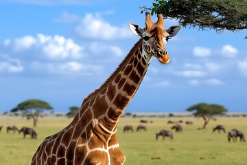 Obraz premium A graceful giraffe reaching for leaves from the top of a tall tree, with other animals grazing peacefully in the savanna