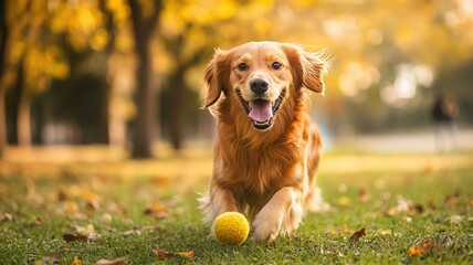 Happy golden retriever runs on grass with yellow ball in autumn park