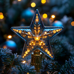 Blue Star Christmas Tree Topper With Lights