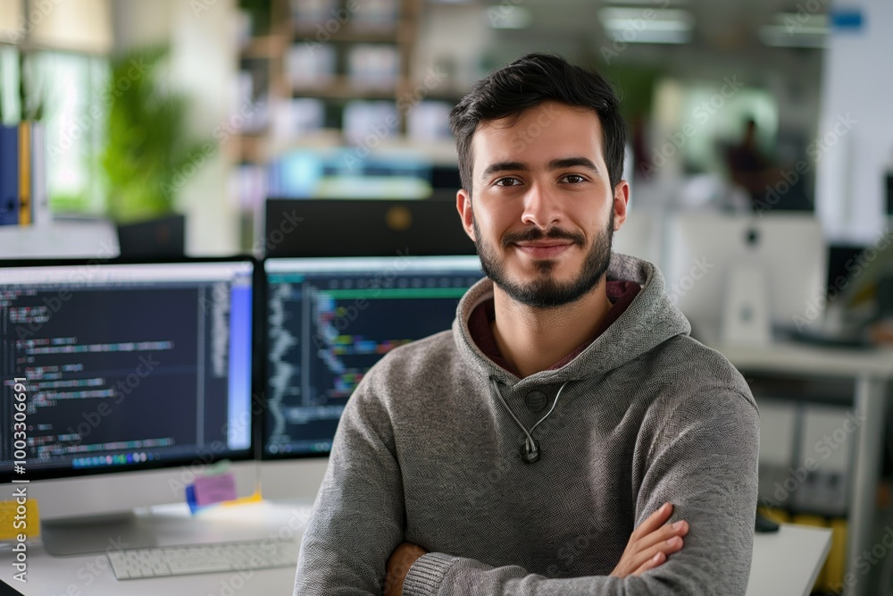 Aufkleber Male programmer sits at office desk in front of computer screen. Types on keyboard, focusing on code, surrounded by modern office environment. Employee works on laptop, connected to network, in