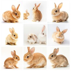 Cute bunnies in different colors and breeds on a white background. Rabbits of various sizes and fur lengths play together. Fluffy, adorable, and charming animals in a collection.