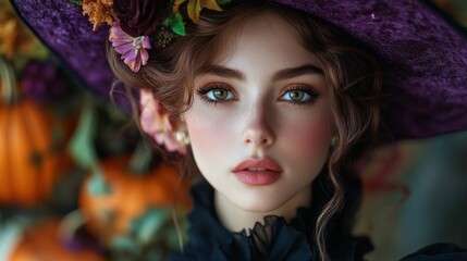 Naklejka premium Enchanting Witch in Autumn Setting with Pumpkins and Magical Atmosphere