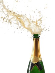 Isolated champagne bottle with splashes on white background. Fizzy liquid, brown glass, gold label, cork, bottle cap. Celebration, party, luxury, lifestyle, drink, beverage, alcoholic, booze, wine.