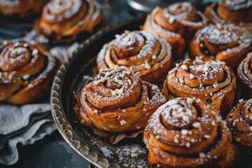 Freshly baked cinnamon rolls on a tray topped with powdered sugar and chopped nuts