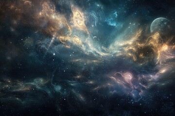 Fototapeta premium celestial scene of swirling galaxies, stars, and cosmic clouds in space with bright light flares